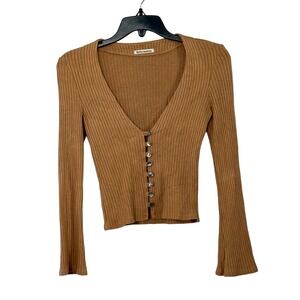 Reformation Buff Tan Gellar Ribbed Knit V Neck Long Sleeve Top - XSmall